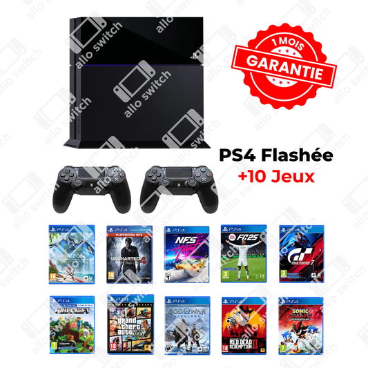 PS4 Flashée + 2 Manettes + 10 jeux