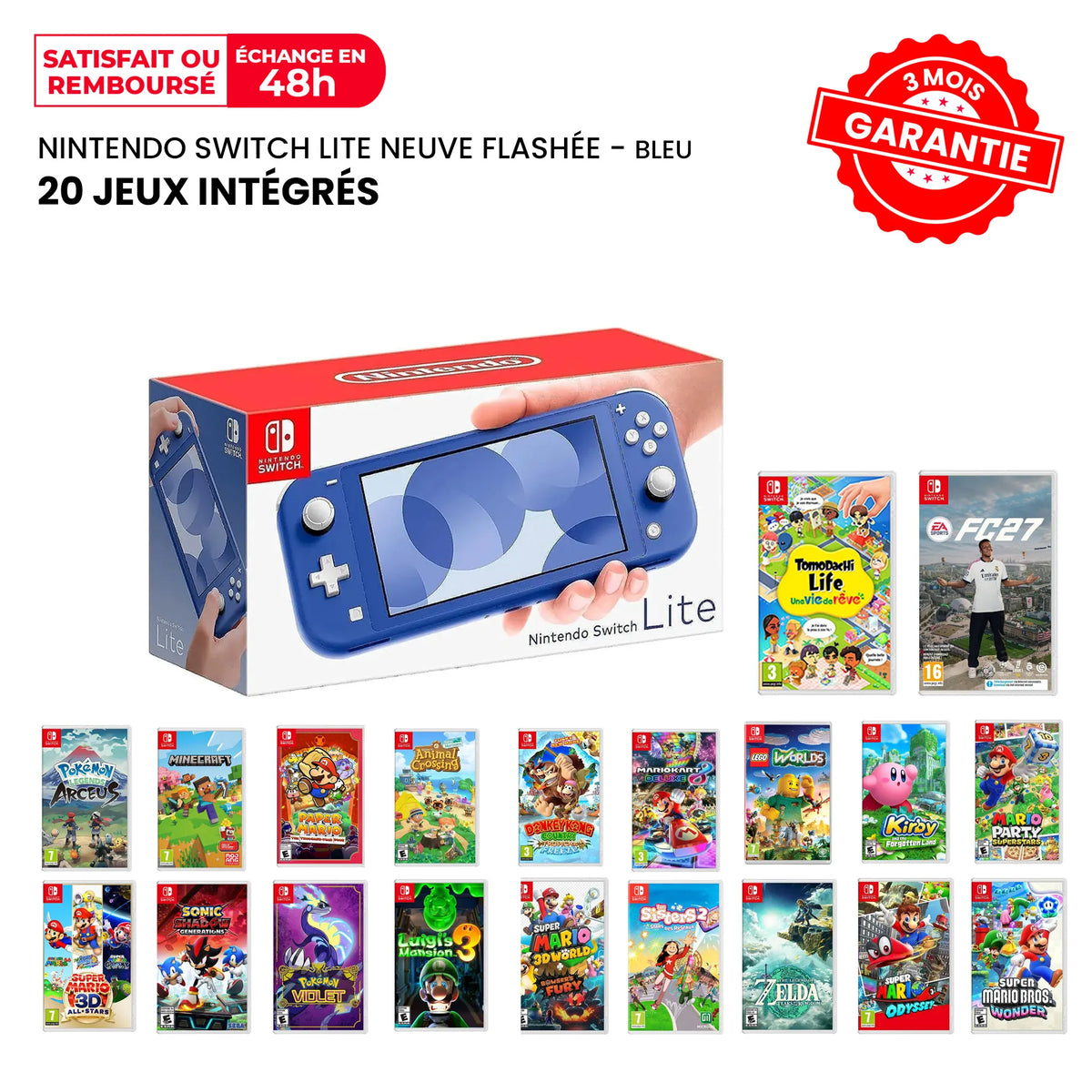 SWITCH LITE 20 JEUX NEUVE FLASHEE BLEU