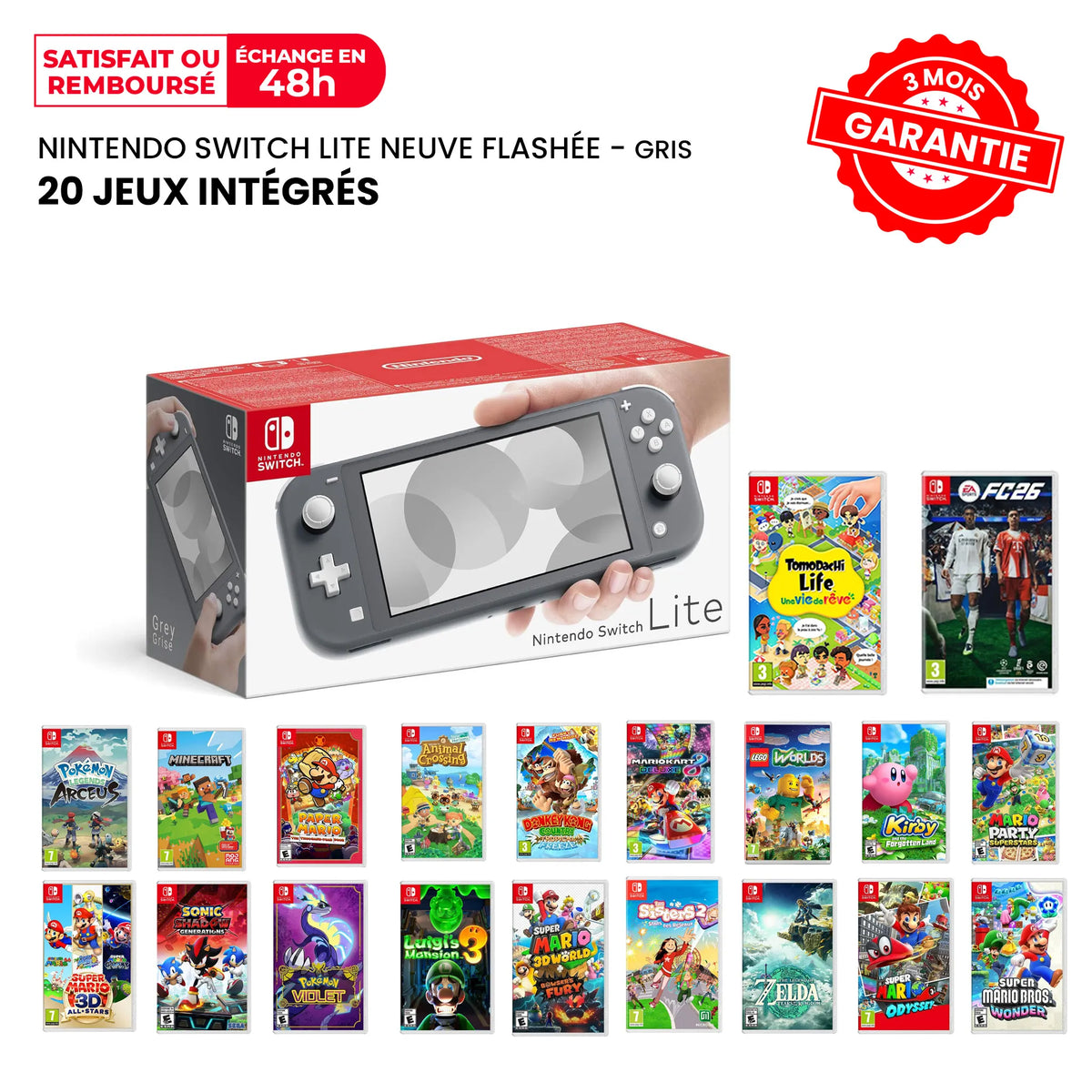 SWITCH LITE 20 JEUX NEUVE FLASHEE GRISE