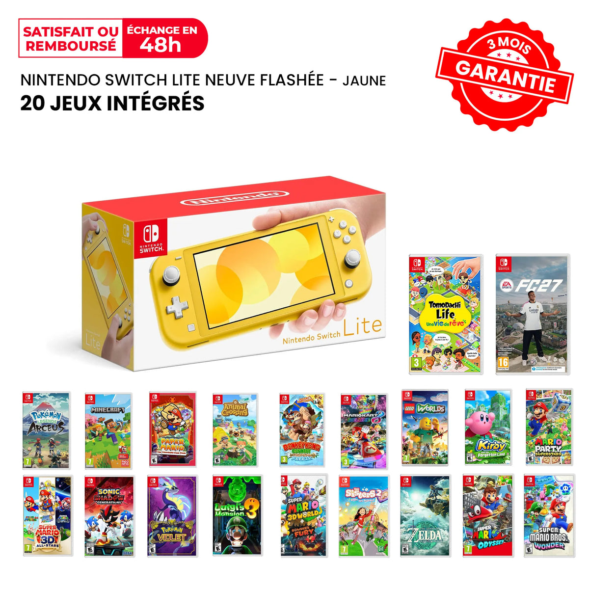 Nintendo Switch Lite Neuve Flashée Jaune + 20 Jeux