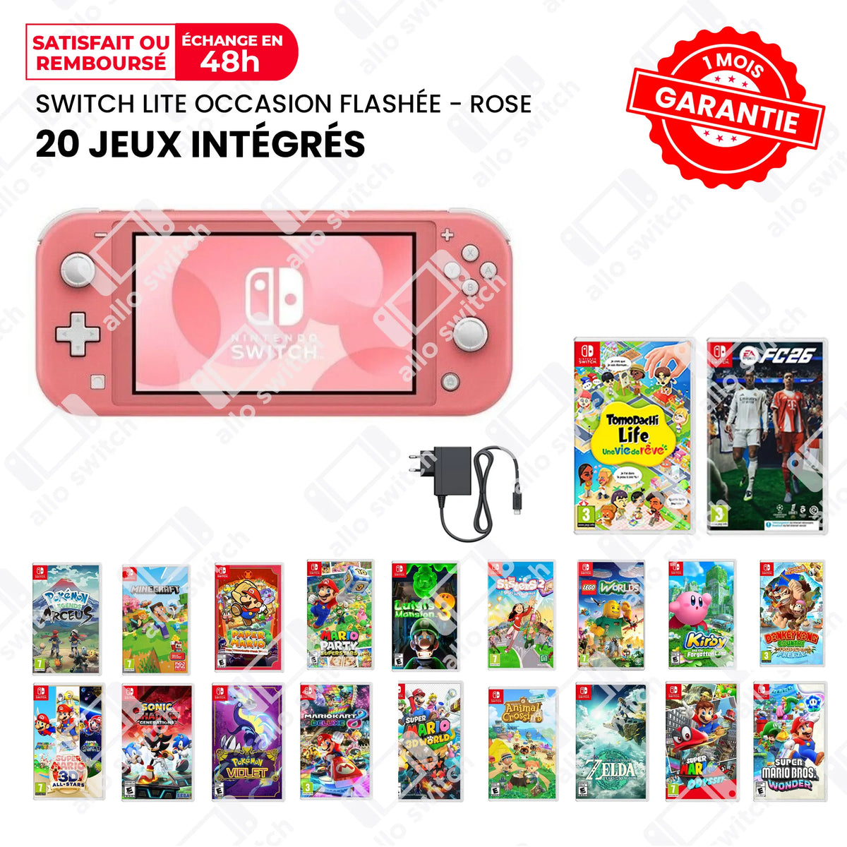 Nintendo Switch Lite Occasion Flashée Rose + 20 Jeux