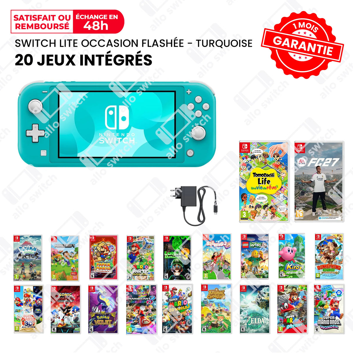 Nintendo Switch Lite Occasion Flashée Turquoise + 20 Jeux