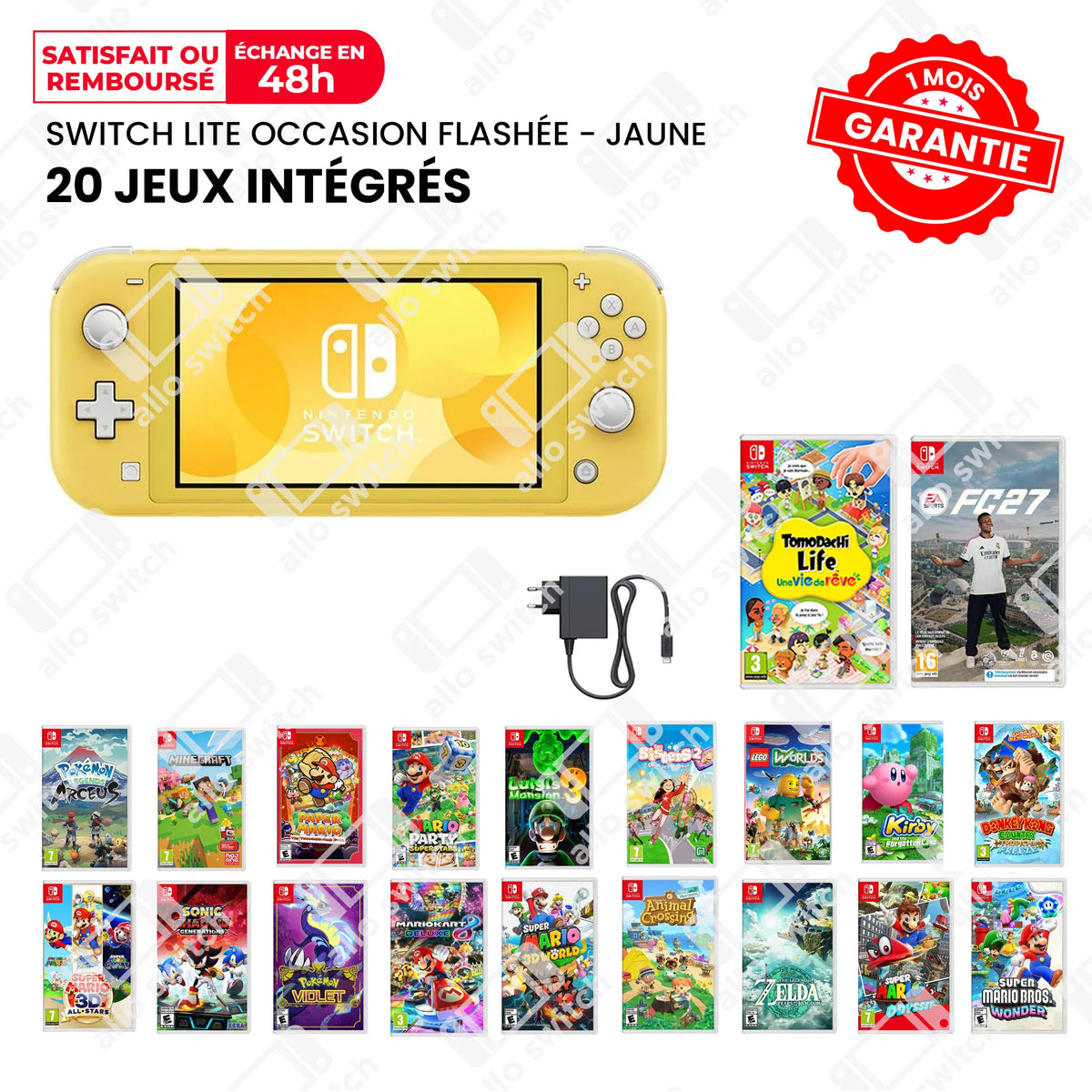 Nintendo Switch Lite Occasion Flashée Jaune + 20 Jeux