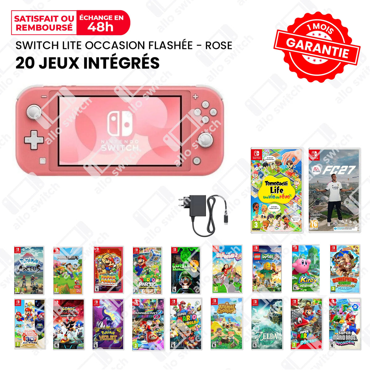 Nintendo Switch Lite Occasion Flashée Rose + 20 Jeux