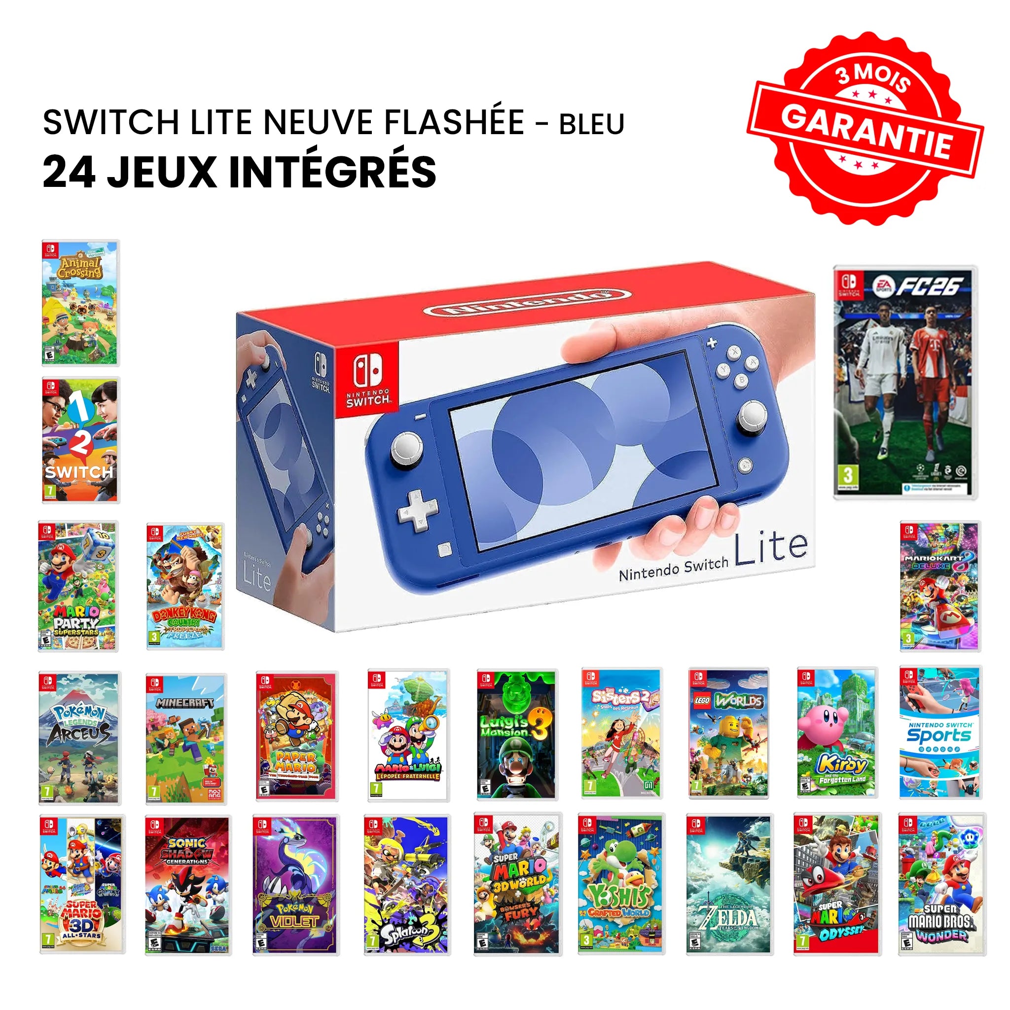 Nintendo Switch Lite Neuve Flashée Bleu + 24 Jeux