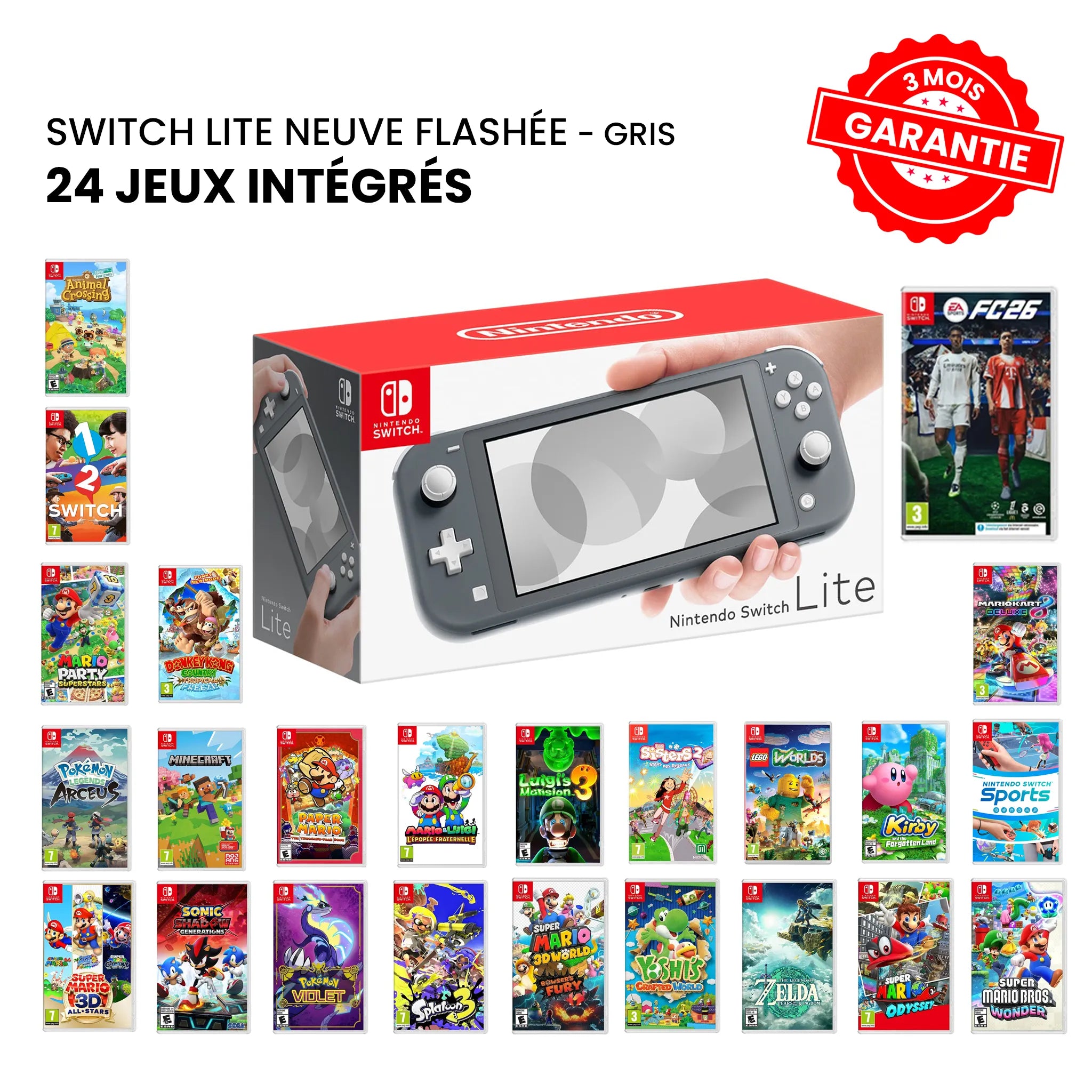 Nintendo Switch Lite Neuve Flashée Gris+ 24 Jeux