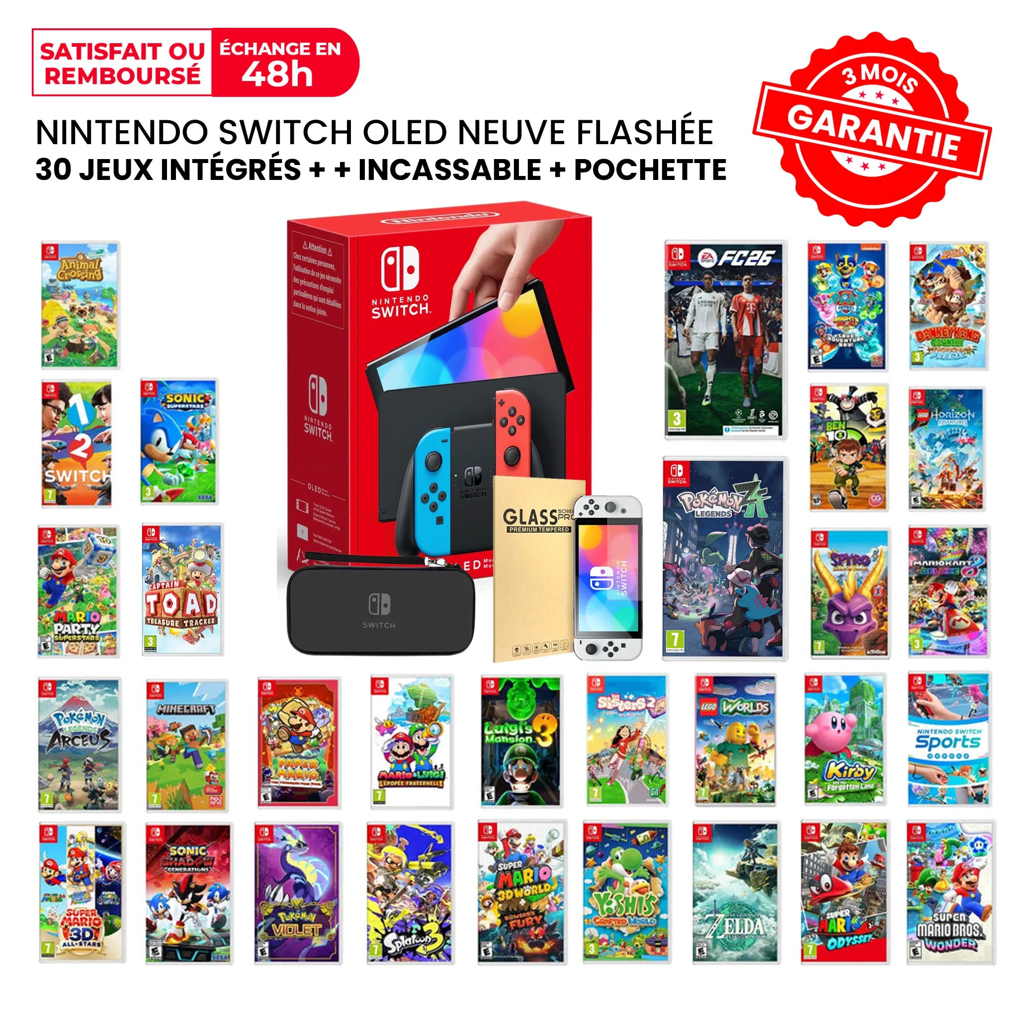Nintendo Switch OLED Flashée Neuve + 30 + Incassable + Pochette