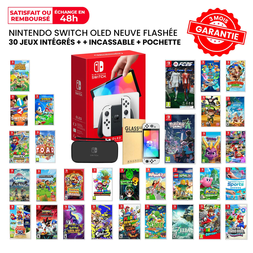 Nintendo Switch OLED Flashée Neuve + 30 + Incassable + Pochette