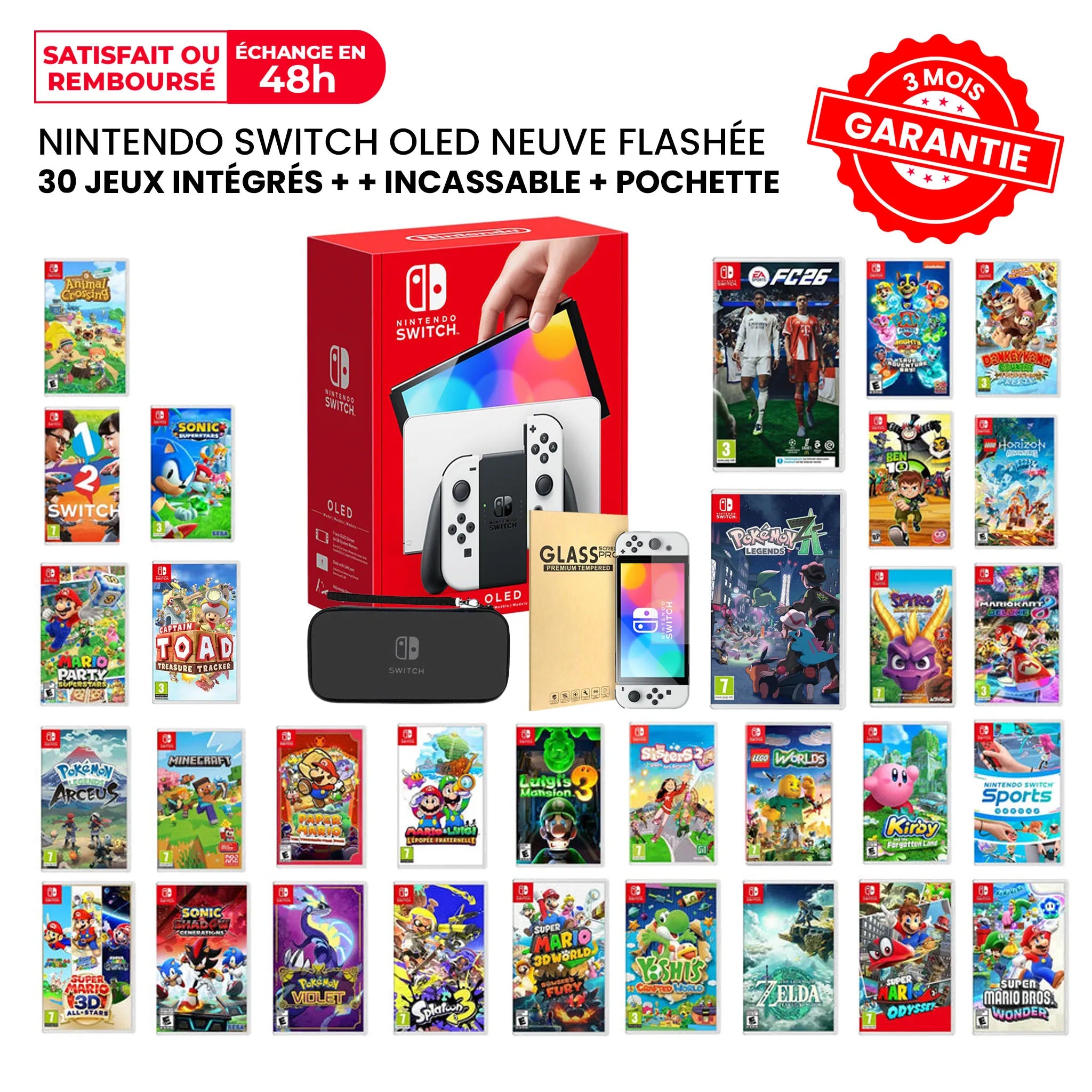 Nintendo Switch OLED Flashée Neuve + 30 + Incassable + Pochette